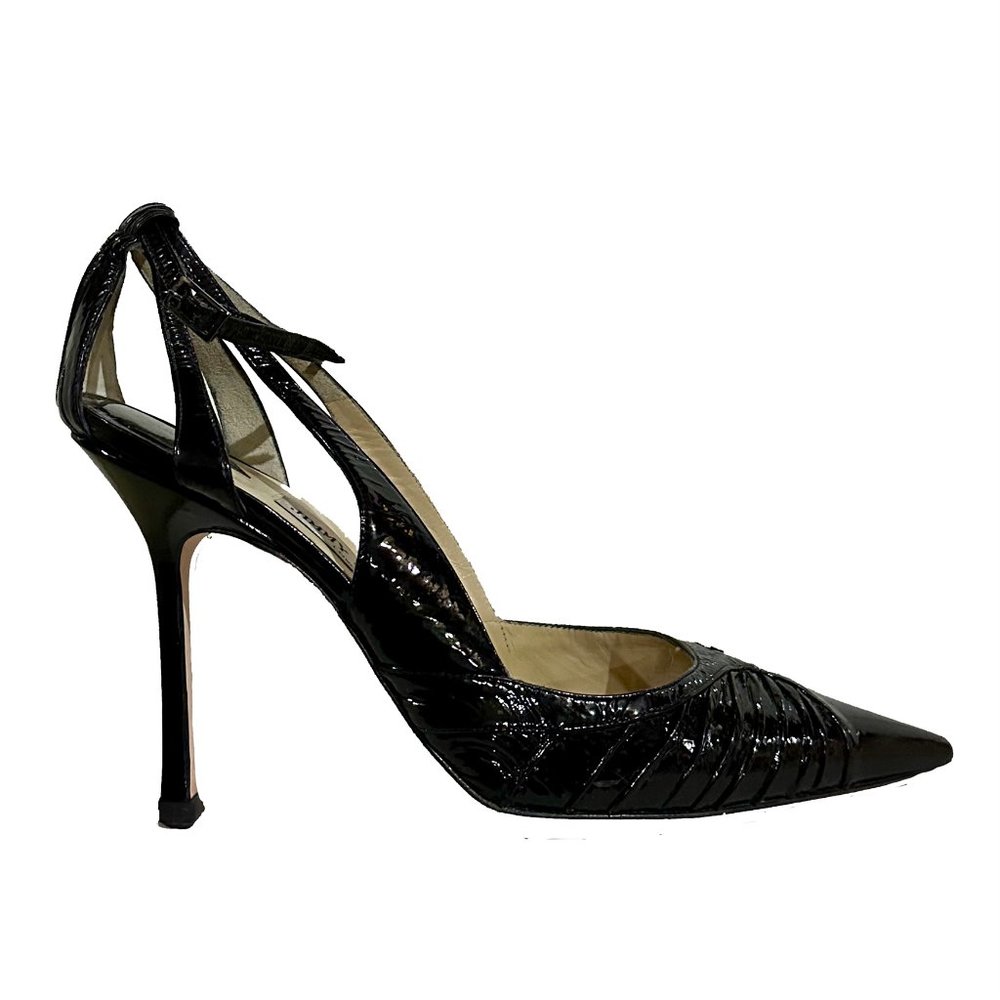 JIMMY CHOO Black Anna Wet Look Patent Pumps with Detachable Ankle Straps